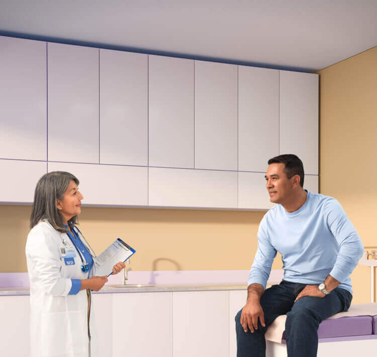 Patient living with opioid-induced constipation talking to their doctor